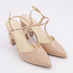 Nine West Blush Nude Pink Pointed Toe T-Strap Block Heels Pumps